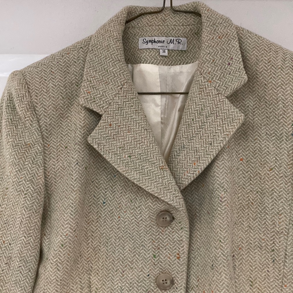 Women’s Wool Herringbone jacket in light minty green. Made in France.